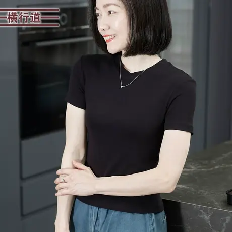 2025夏季新款简约舒适圆领纯色短款T恤女装上衣服外穿短袖休闲装图片