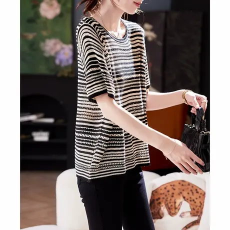 宝诗黎条纹镂空短袖针织T恤2025夏季韩版宽松慵懒休闲百搭上衣女图片