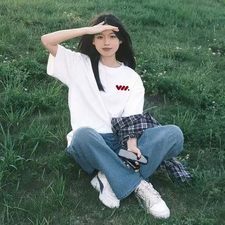 KMV真维斯纯棉白色短袖t恤女2025夏季新款圆领正肩圆领上衣体恤潮商品大图