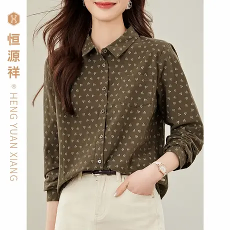 恒源祥100%棉纯色长袖衬衫女春秋季复古港风宽松纯棉基础外穿衬衣图片