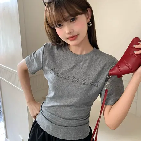 尔给T恤显瘦T恤女时尚休闲印花圆领小个子短袖上衣图片