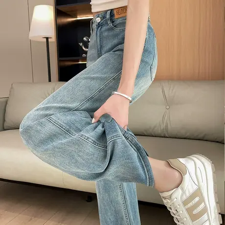 美式窄版阔腿牛仔裤女春夏薄款高腰宽松显瘦垂感加长高个子直筒裤商品大图