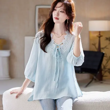 宝诗黎V领系带蕾丝拼接衬衫2025夏季韩系气质简约纯色宽松衬衣女图片