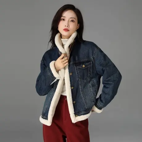 复古毛毛拼接牛仔外套女冬季新款高级感加绒加厚保暖上衣潮酷棉服商品大图