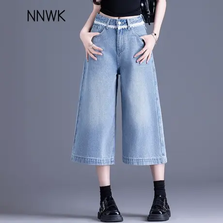 浅色七分裤牛仔短裤女2025新款夏季蕾丝腰阔腿裤六分裤小个子中裤商品大图