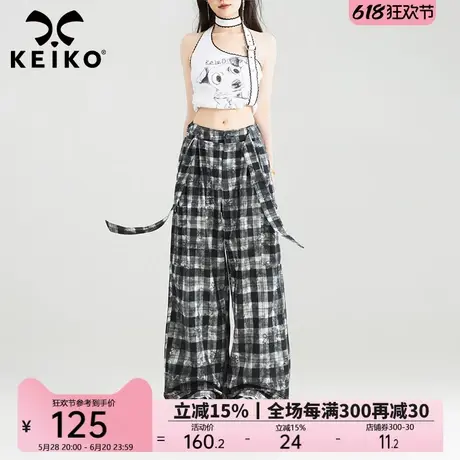KEIKO 美式复古做旧格子休闲裤女25夏季新款飘带饰低腰拖地阔腿裤商品大图
