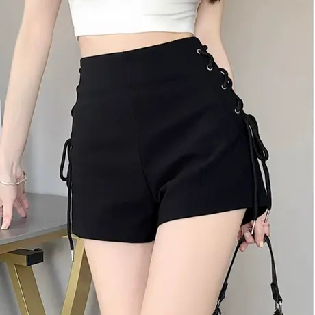 黑色高腰短裤女夏季2025新款辣妹修身显瘦百搭设计感弹力绑带热裤商品大图