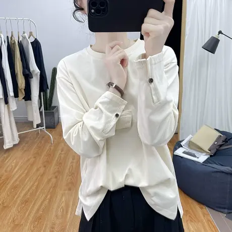 春装设计感纯棉时尚长袖T恤女式减龄上衣2025复古圆领打底衫体恤商品大图