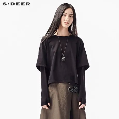 sdeer圣迪奥2018秋装简约开叉假两件落肩贴布长袖T恤女S17380207图片
