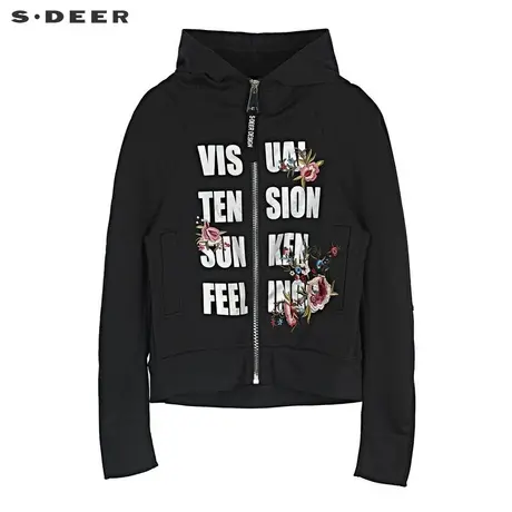 sdeer 圣迪奥连帽字母绣花前短后长下摆短款纯黑外套S19182234图片