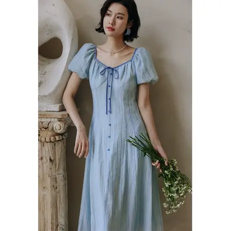 弥古蓝色莱赛尔天丝法式薄纱连衣裙短袖女夏季裙子高级感度假长裙商品大图