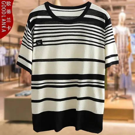 40-50岁中年妈妈夏季冰丝上衣加大码宽松时尚条纹圆领短袖针织衫商品大图