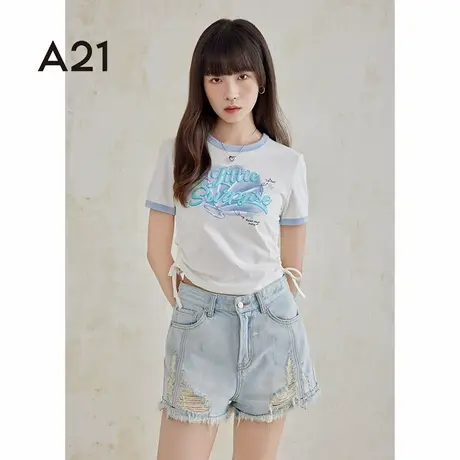 a21女装印花圆领短袖t恤设计感短款高级感上衣百搭显瘦打底衫女款图片