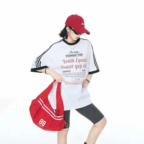 2025夏季新款撞色宽松印花短袖T恤女美式复古街头风情侣半袖上衣图片