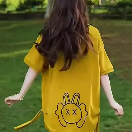 大版中长款T恤女2025春夏新款韩版后背卡通刺绣宽松短袖t恤上衣潮商品大图