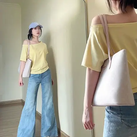 辣妹甜飒风一字斜肩露肩短袖T恤女夏季宽松韩版纯欲性感上衣半袖图片