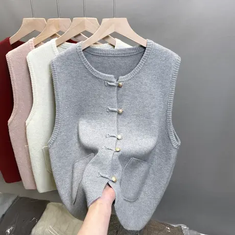 新中式圆领针织马甲女开衫外搭背心叠穿无袖纯色毛衣坎肩马夹外套图片