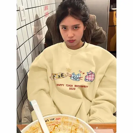 无帽圆领套头卫衣女2024新款秋冬季小个子韩系慵懒风加绒加厚上衣图片