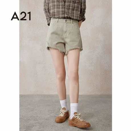 A21女装宽松高腰短裤夏季美式破洞流苏复古三分裤设计感休闲显瘦商品大图