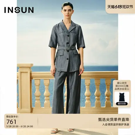INSUN恩裳夏季工装风系带亚麻短袖西装商品大图