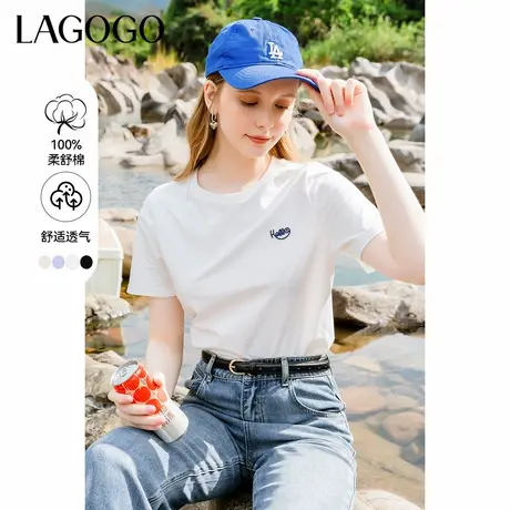 LAGOGO白色休闲纯棉百搭T恤女拉谷谷夏季新款正肩圆领短袖上衣商品大图