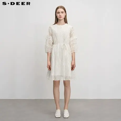 sdeer圣迪奥女装圆领绣花碎褶网纱宽松连衣裙S242Z1205商品大图