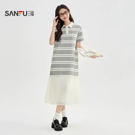三福连衣裙2025夏季网纱拼接下摆翻领条纹宽松裙子女装506628商品大图