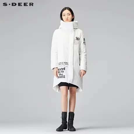 sdeer圣迪奥素白做旧质感防风连帽印胶装饰中长款羽绒服S17482408图片