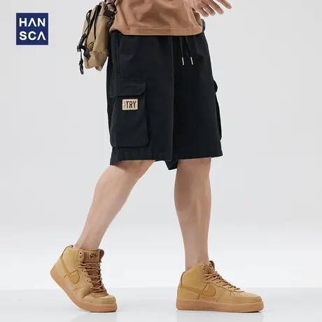 hansca日系潮牌松紧腰抽绳工装短裤男夏季宽松大口袋黑色五分裤子图片