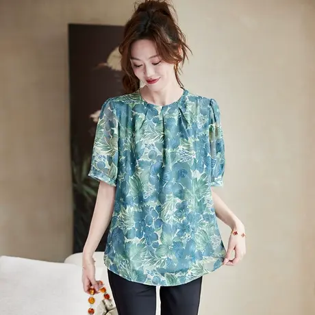 宝诗黎圆领印花短袖雪纺衬衫女2025夏季时尚百搭洋气显瘦减龄小衫图片