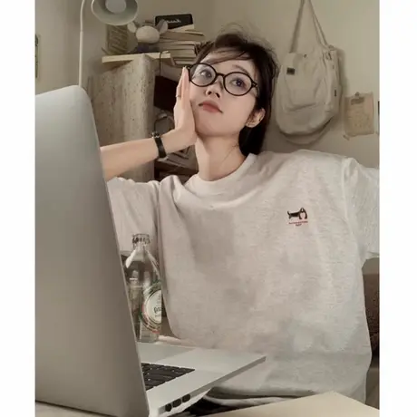 小众设计感腊肠狗花灰色短袖t恤女2025新款宽松纯棉落肩半袖上衣商品大图