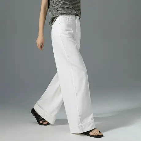 白色天丝阔腿牛仔裤女夏季薄款2025新款休闲宽松翻边直筒拖地裤子商品大图