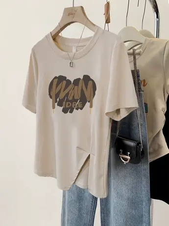 不规则下摆t恤女大码胖mm正肩纯棉上衣夏季ins小众奶系慵懒风短袖商品大图