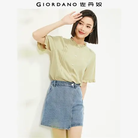 佐丹奴衬衫女装莫代尔梭织木耳边压褶圆领短袖衬衫 13344203商品大图