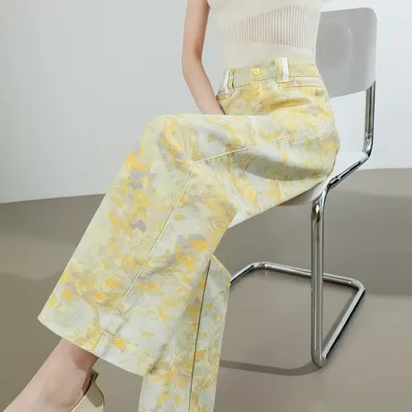 扎染印花阔腿牛仔裤女夏季薄款高腰小个子九分宽松黄色垂感直筒裤商品大图