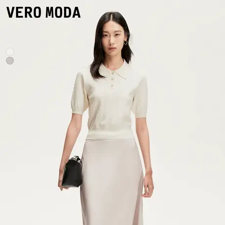 Vero Moda奥莱针织衫女2025春秋新款翻领舒适随性泡泡短袖上衣商品大图