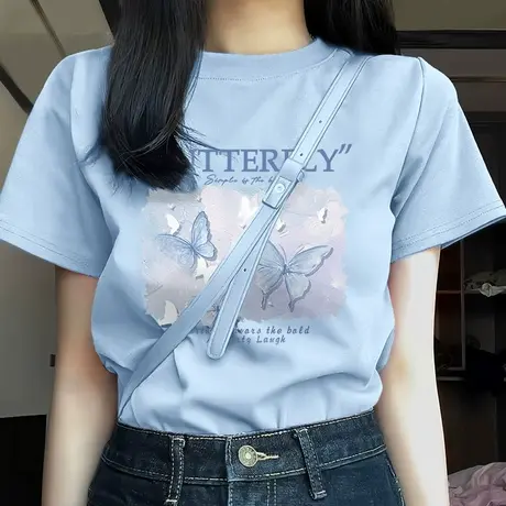 KWV真维斯宽松纯棉圆领短袖女t恤夏季2025新款休闲高级感正肩上衣商品大图