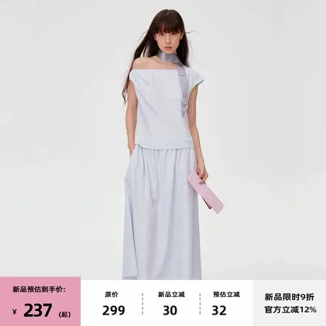 【7/08 20点新品9折】omont蛋挞家气质设计感斜肩格纹长款连衣裙商品大图