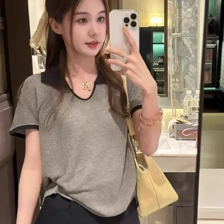 针织polo衫v领短袖t恤女夏季设计感小众不撞款超好看独特漂亮上衣图片