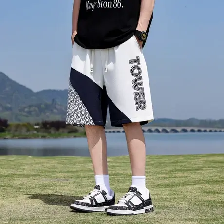 2025年春夏季新款时尚休闲潮流新浪纹拼接花短裤帅气青少年大童潮图片