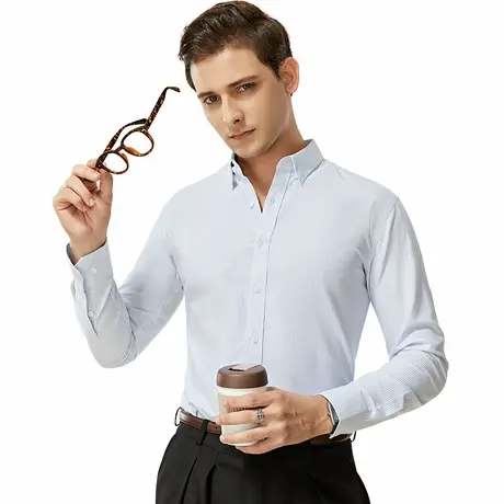 非凡领袖纯棉条纹衬衫商务修身男士长袖方领牛津纺休闲上班寸衣商品大图