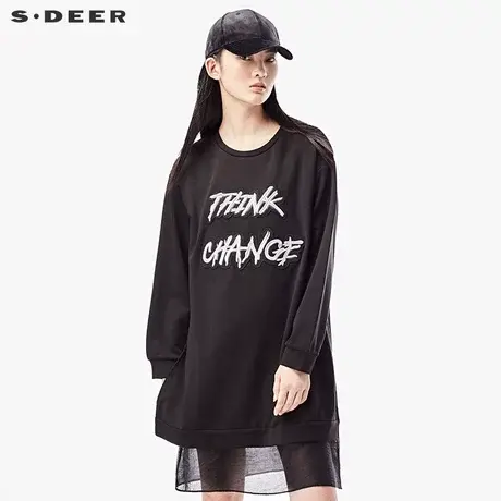 sdeer圣迪奥2019春装街头圆领字母网纱拼接a字长袖T恤女S17380212图片
