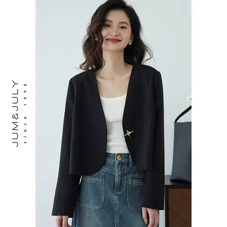 嘉茱莉春季新款短款西装外套女小个子小西服外套小众V领上衣黑色商品大图