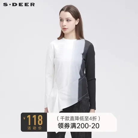 sdeer圣迪奥冬装圆领渐变晕染不规则拼接长袖内搭T恤女S20480223图片