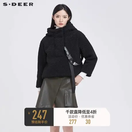 sdeer圣迪奥女装高领连帽字母套头毛仿羊羔绒外套S21482216图片