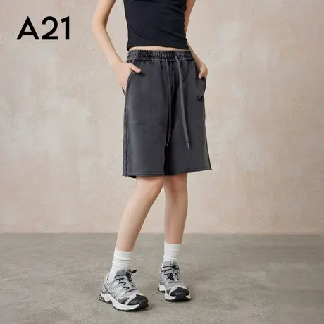 A21女装宽松直筒针织中裤美式复古水洗做旧五分裤子商品大图