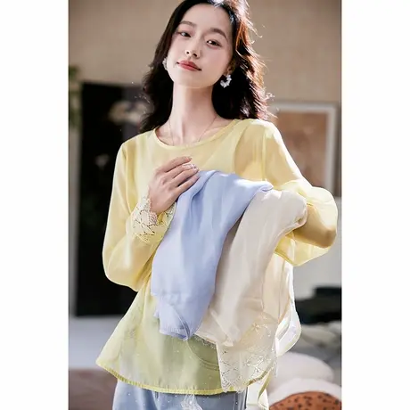 宝诗黎圆领蕾丝拼接雪纺衫2025夏季时尚百搭显瘦薄款防晒气质小衫图片