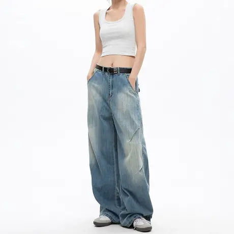 美式复古水洗直筒阔腿牛仔裤男女2025夏季新款宽松褶皱弯刀长裤图片