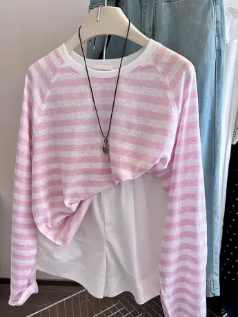 超嫩的粉条纹tee~韩系ins软糯竹节棉圆领显瘦全棉防晒罩衫T恤女夏图片