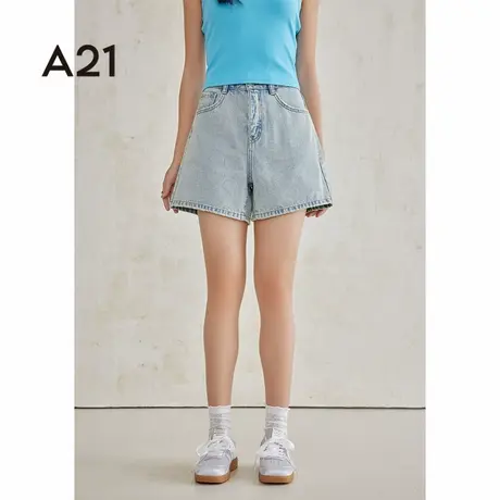 A21女装直筒牛仔短裤2025夏季新款纯棉水洗做旧美式复古三分裤子图片